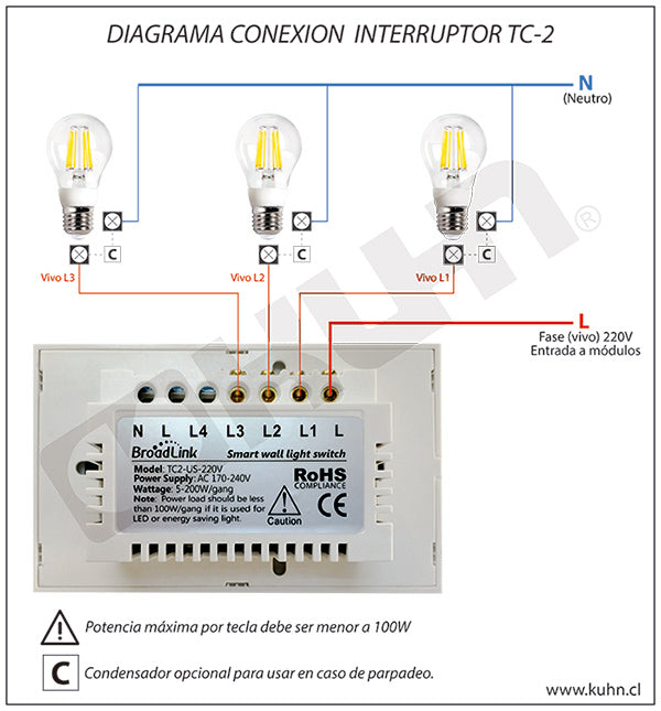 INTERRUPTOR MURAL PARA ILUMINACION INALAMBRICO DE 3 TECLAS BROADLINK TC2-3