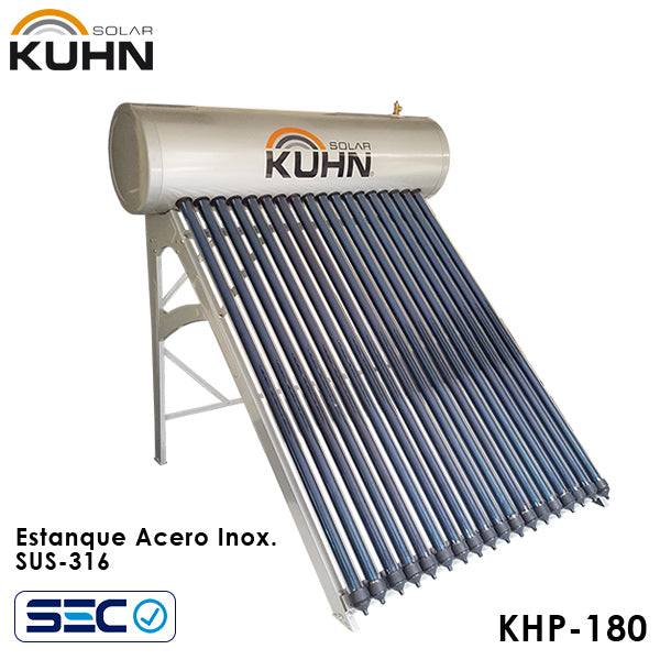 EQUIPO TERMOSOLAR COMPACTO PRESURIZADO CON 18 TUBOS HEAT-PIPE ESTANQUE ACERO SUS-316 KUHN MODELO KHP-180-FR